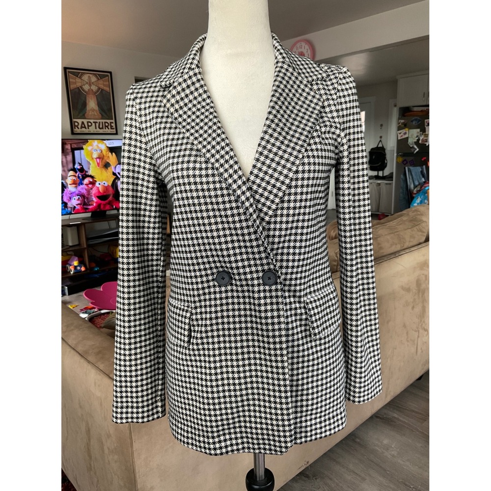 H&M Womens Houndstooth Double Breasted Knit Blazer Jacket Black White Size 0